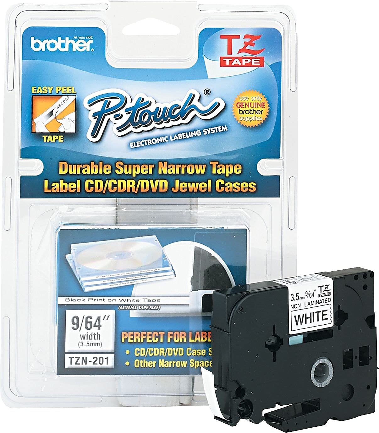 Brother Genuine TZeN201 Black on White Non-Laminated Super-Narrow